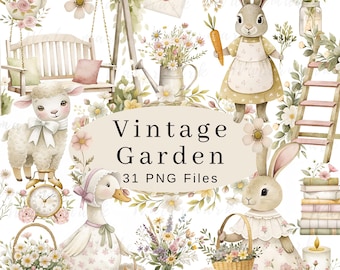 Vintage Garden Watercolor Cottagecore Clipart Cute Spring Rustic Farm PNG Cyfrowe Komercyjne Wykorzystanie Zwierzęta Kwiaty Przedszkole Dzieci Clipart