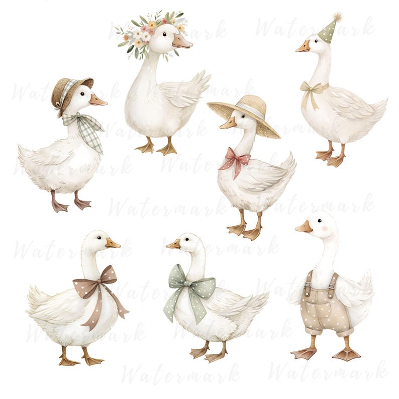 May include: A set of nine watercolor illustrations of geese. The geese are in various poses, some wearing hats and flowers. The geese are white with brown, pink, and green accents.