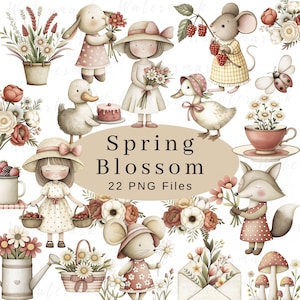 Aquarel Cottagecore clipart schattig lente rustieke boerderij vintage png digitale download commercieel gebruik dieren bloemen kwekerij kinderen clipart