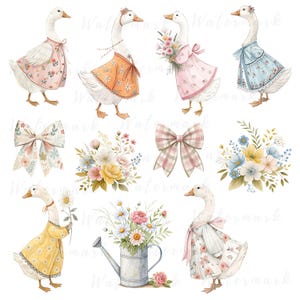 May include: A set of digital illustrations featuring watercolor-style geese wearing floral dresses, bows, and bouquets of flowers. The illustrations are perfect for crafting projects, scrapbooking, and digital design.