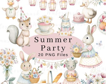 Cute Animals Clipart Spring Vintage Party Whimsical Cute Watercolor Commercial Use Birthday Party Baby Shower PNG Summer Party Clip Art