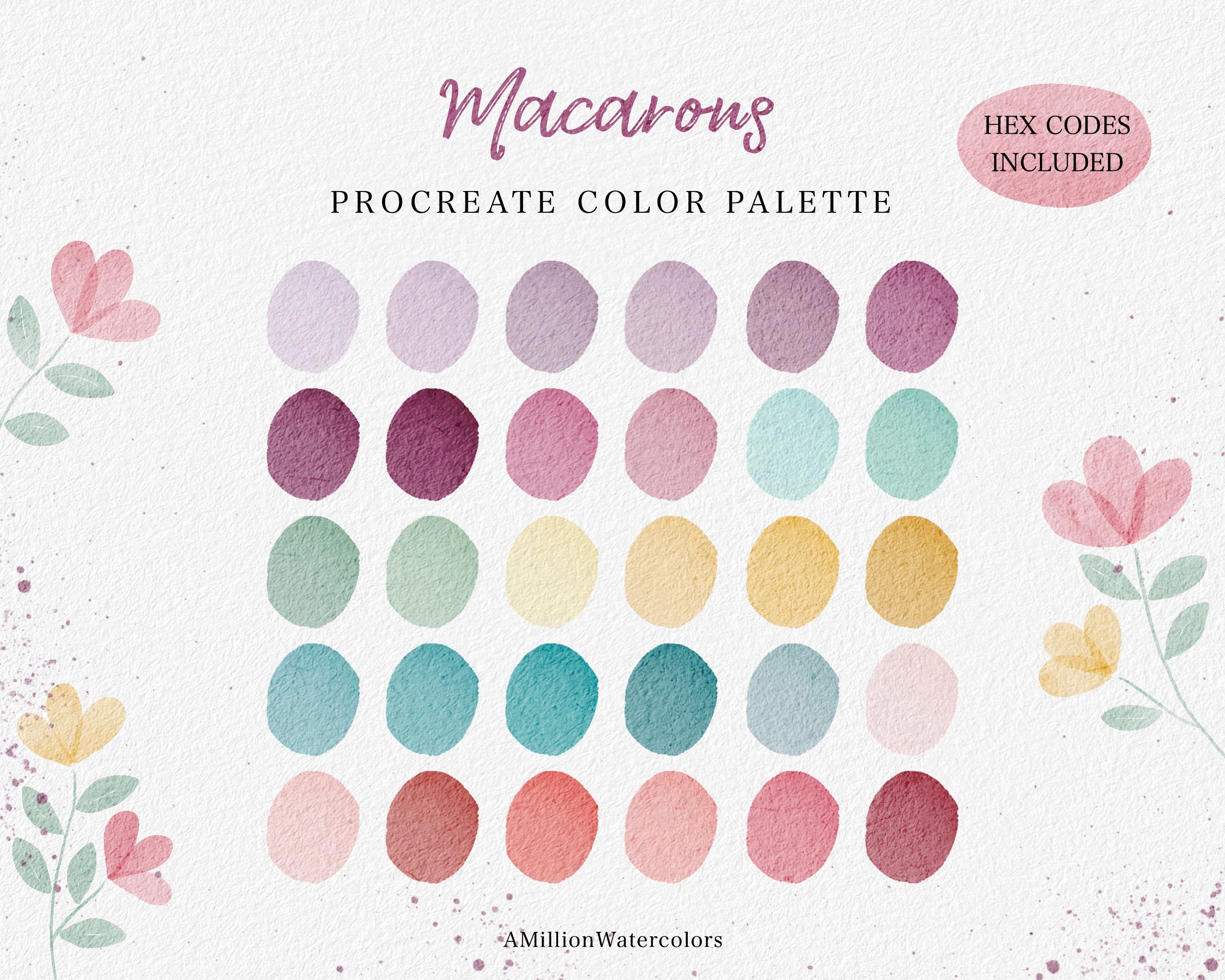 Macarons Pastel Procreate Color Palette – 30 Handpicked Pink, Yellow & Purple Watercolor Swatches