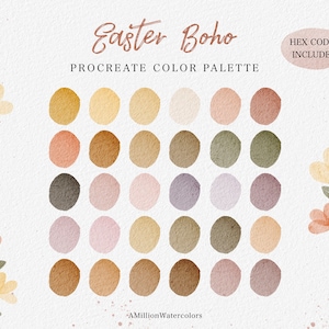 Puede incluir: Una paleta de colores digital para Procreate con 30 tonos terrosos apagados dispuestos en una cuadrícula. Los colores están inspirados en un tema boho de Pascua. El texto "Easter Boho" y "Procreate Color Palette" está en la parte superior de la imagen. El texto "HEX CODES INCLUDED" está en un círculo en la parte superior derecha de la imagen.