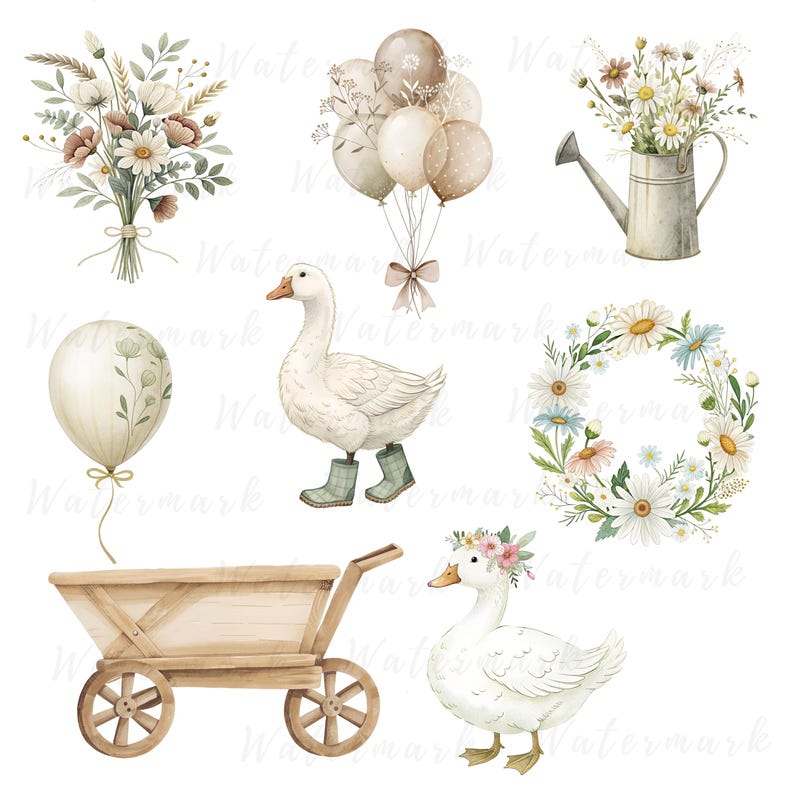 May include: A set of watercolor illustrations featuring a white goose, a wheelbarrow, a wreath of white daisies, a bouquet of white flowers, a watering can, and a cluster of beige balloons.