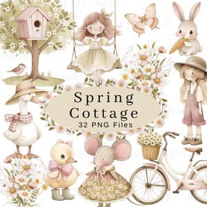Spring Cottage clipart schattig Cottagecore rustieke boerderij dieren bloemen aquarel PNG digitale download commercieel gebruik kwekerij kinderen clipart