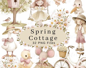 Spring Cottage Clipart Cute Cottagecore Rustic Farm Animals Florals Watercolor PNG Digital Download Commercial Use Nursery Kids Clipart