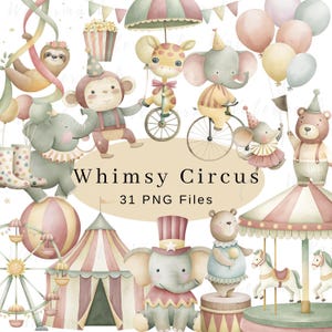 Paquete de imágenes prediseñadas de circo Carnaval PNG Animales de circo vintage Imágenes prediseñadas de cumpleaños Imágenes prediseñadas de primavera Imágenes prediseñadas de primavera para guardería Imágenes prediseñadas de conejitos de primavera