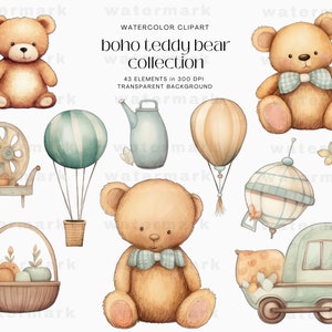 Boho Teddy Bear Watercolor Clipart Baby Shower Baby Monthly Clip Arts ...