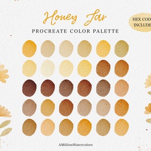 Pode incluir: Uma paleta de cores digital com 36 tons diferentes de marrom, bege e amarelo. A paleta é intitulada "Honey Jar" e inclui códigos hexadecimais. As cores estão dispostas em uma grade de 6 linhas e 6 colunas.