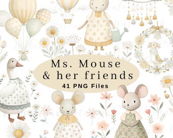 Nursery Clipart Bundle, Digital PNG Files, Baby Room Decor, Cute Animal Graphics, Boho Baby Shower PNG, Watercolor Clipart, Nursery Art