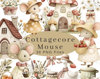 Imágenes prediseñadas de cabaña de acuarela, imágenes prediseñadas de Cottagecore, linda granja rústica de primavera, descarga digital PNG vintage, uso comercial, animales, guardería, niños