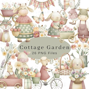 Watercolor Cottagecore Clipart Cute Spring Rustic Farm Vintage PNG Digital Download Commercial Use Animals Florals Nursery Kids Clipart
