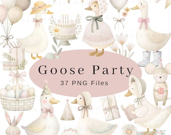 Silly Goose Clipart Spring Vintage Cottagecore Whimsical Cute Watercolor Commercial Use Birthday Party Baby Shower Wildflowers Balloons PNG