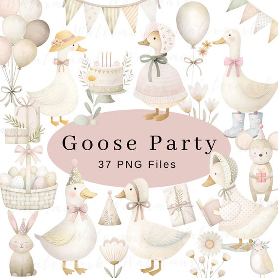 Silly Goose Clipart Spring Vintage Cottagecore Whimsical Cute Watercolor Commercial Use Birthday Party Baby Shower Wildflowers Balloons PNG