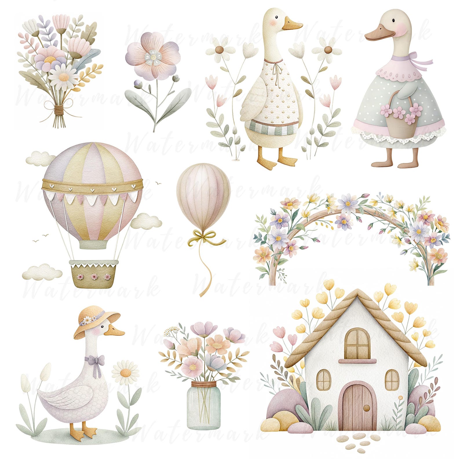 Whimsical Goose Clipart Spring Vintage Cottagecore Cute Watercolor ...