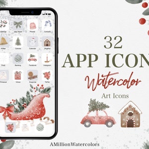 May include: A set of 32 watercolor app icons featuring a winter holiday theme. The icons are displayed on a smartphone screen with a red and white sleigh illustration. The icons include a gingerbread house, a car with a Christmas tree on top, and a variety of other winter-themed designs.