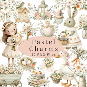 Clipart acquerello di Pasqua pastello, Clipart cottage, Clipart primavera di campagna, Pacchetto arte per bambini, PNG estetica vintage, Cottagecore, Fattoria