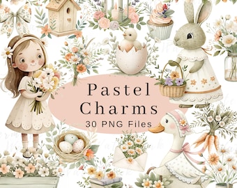 Pastel Easter Watercolor Clipart, Cottage Clipart, Country Spring Clipart, Nursery Art Bundle, Vintage Aesthetic PNG, Cottagecore, Farmhouse