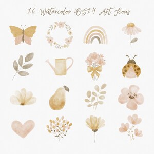 May include: Set of 16 watercolor illustrations in a neutral color palette. The illustrations include a butterfly, a wreath, a rainbow, a daisy, a branch, a watering can, a bouquet of flowers, a ladybug, a flower, a pear, a heart, and various floral arrangements.