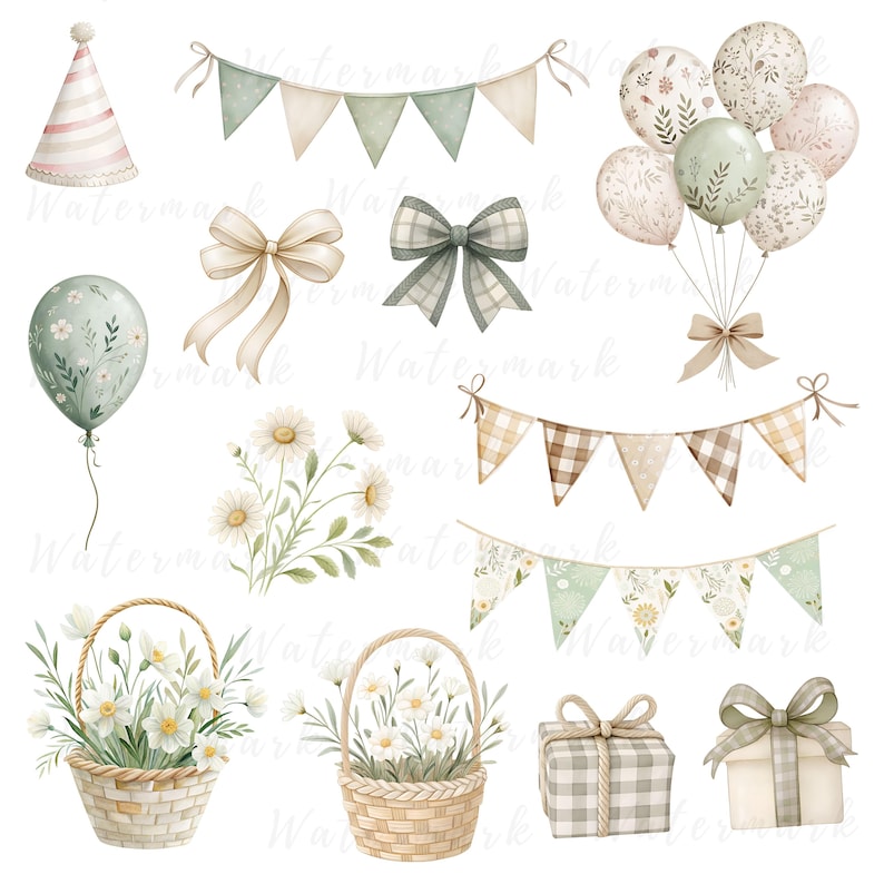 May include: A set of watercolor illustrations featuring party decorations in a green and white color scheme. The set includes a party hat, two bows, two garlands of flags, a bouquet of daisies, two baskets of daisies, two gift boxes, and a cluster of balloons.