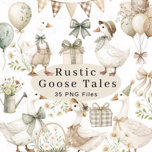 Clipart di oca rustica, primavera, vintage, cottagecore, stravagante, carino, acquerello, uso commerciale, festa di compleanno, baby shower, fiori di campo, palloncini, PNG