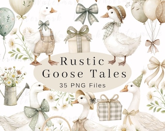 Clipart de ganso rústico Primavera Vintage Cottagecore Caprichoso Bonito Aquarela Uso Comercial Festa de Aniversário Chá de Bebê Flores Silvestres Balões PNG
