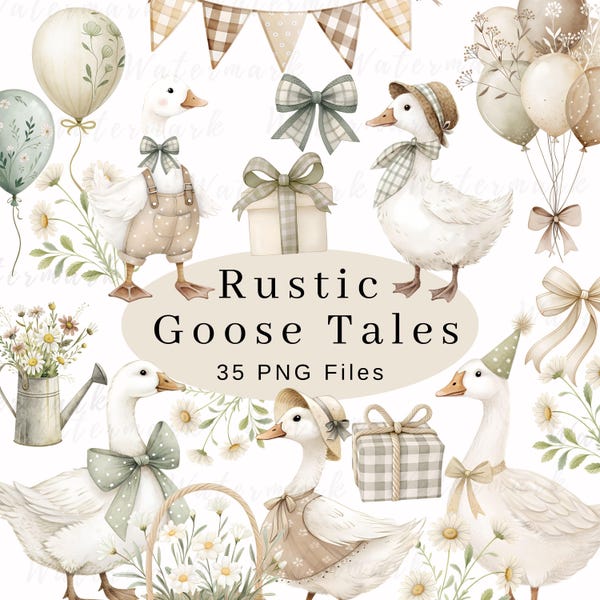 Rustic Goose Clipart Spring Vintage Cottagecore Whimsical Cute Watercolor Commercial Use Birthday Party Baby Shower Wildflowers Balloons PNG