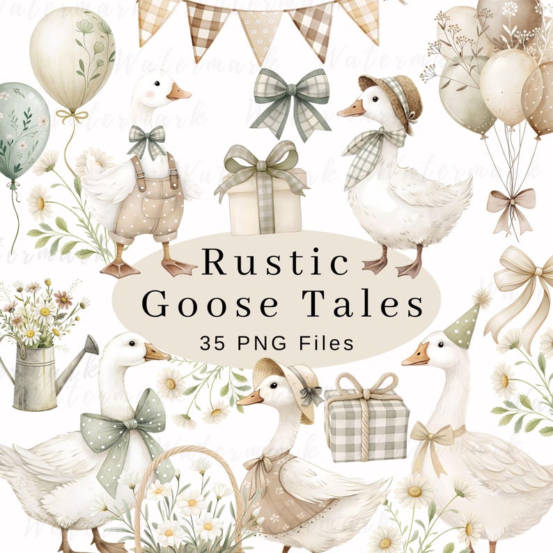 May include: A set of 35 digital clipart images featuring rustic illustrations of geese, flowers, balloons, and gifts. The images are perfect for crafting projects, scrapbooking, and digital design.