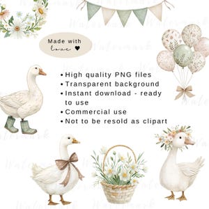May include: A set of digital illustrations featuring watercolor-style images of white geese, a basket of white flowers, and a bunch of pastel-colored balloons with floral patterns. The text "Made with love" is included in the image.