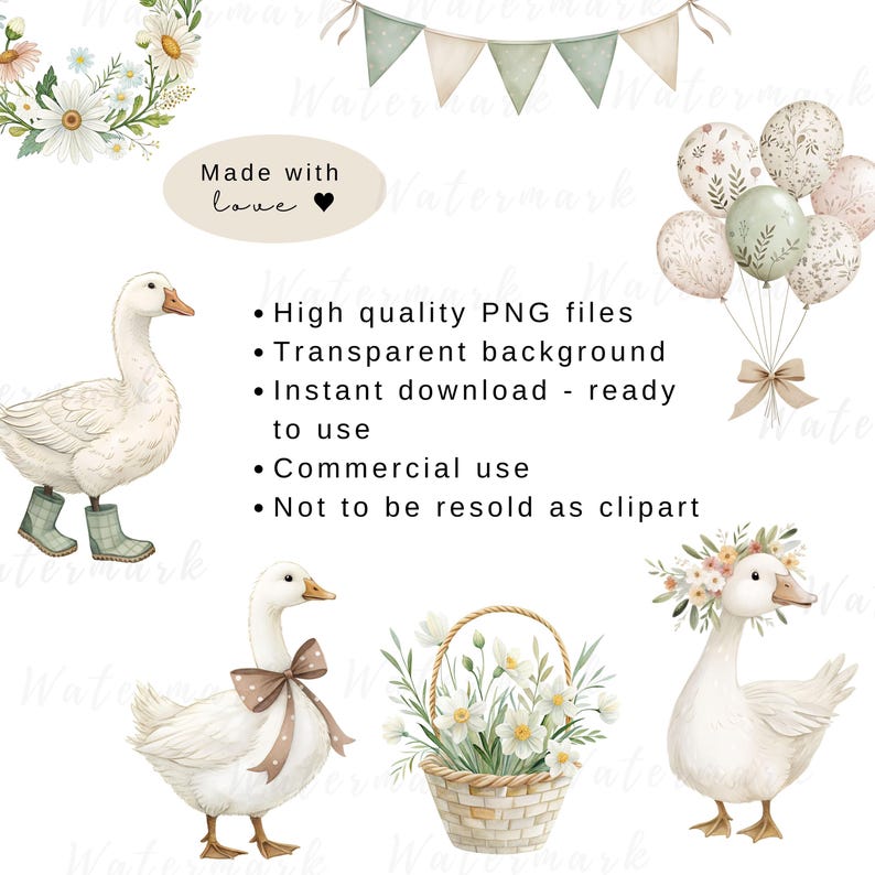 May include: A set of digital illustrations featuring watercolor-style images of white geese, a basket of white flowers, and a bunch of pastel-colored balloons with floral patterns. The text "Made with love" is included in the image.