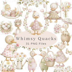 Silly Goose Clipart Spring Vintage Cottagecore Whimsical Cute Watercolor Commercial Use Birthday Party Baby Shower Wildflowers Balloons PNG