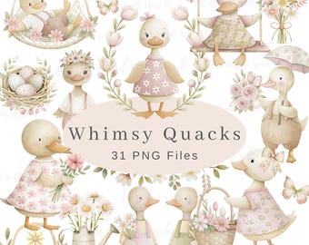 Silly Goose Clipart Spring Vintage Cottagecore Whimsical Cute Watercolor Commercial Use Birthday Party Baby Shower Wildflowers Balloons PNG