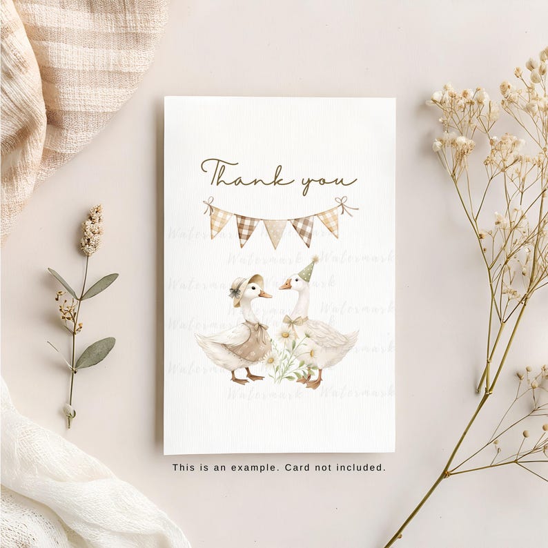 May include: A white card with the text "Thank you" in brown script. Two white ducks with brown hats and a string of brown and white checkered flags are illustrated on the card.