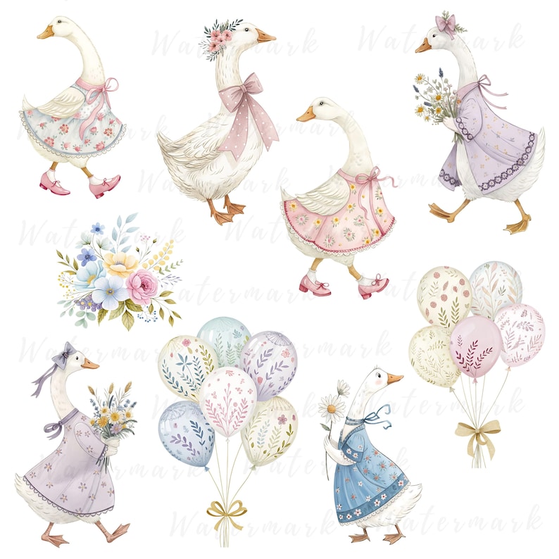 May include: A set of watercolor illustrations featuring four geese wearing dresses and holding flowers, along with a bouquet of flowers and a cluster of pastel balloons with floral accents.