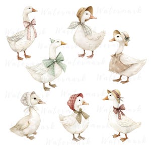 May include: A set of seven watercolor illustrations of ducks wearing various hats and clothing. The ducks are all white with different colored accents. The hats include a straw hat, a red and white gingham hat, a white bonnet, and a brown straw hat with a green ribbon. The clothing includes a brown dress with a white lace trim, a green bow, and a pink bow.