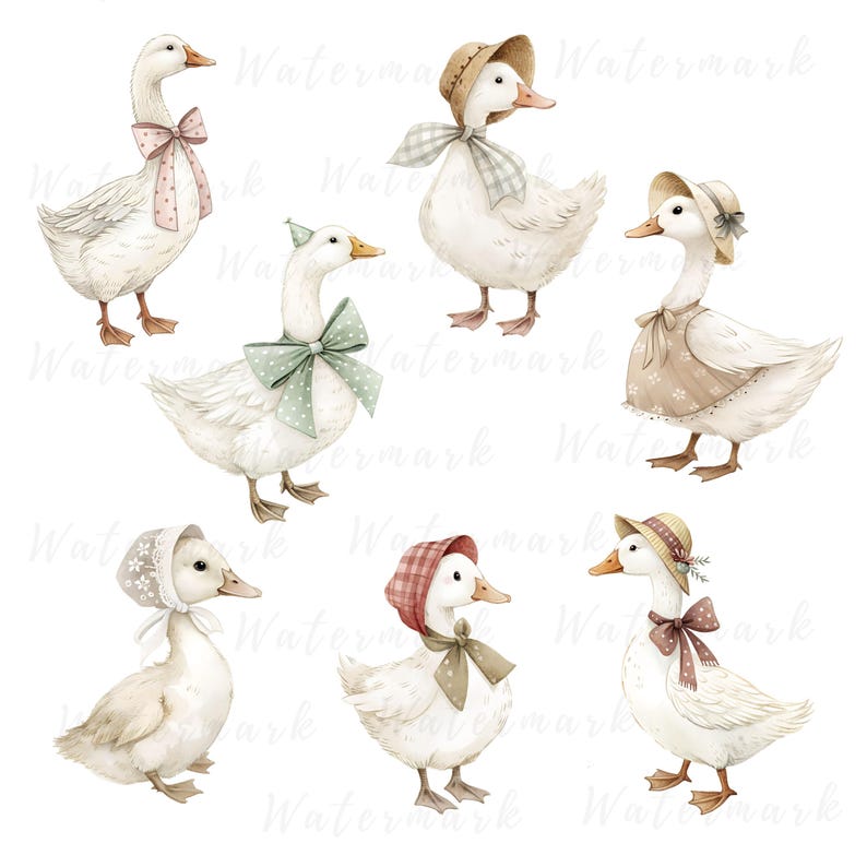 May include: A set of seven watercolor illustrations of ducks wearing various hats and clothing. The ducks are all white with different colored accents. The hats include a straw hat, a red and white gingham hat, a white bonnet, and a brown straw hat with a green ribbon. The clothing includes a brown dress with a white lace trim, a green bow, and a pink bow.