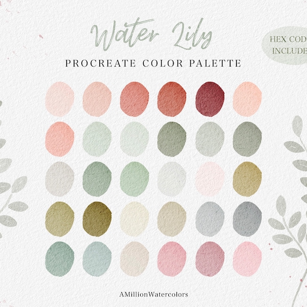 Water Lily Procreate Color Palette Pink Green Blue Grey Color Scheme Floral Flower Rose Blush Color Palette