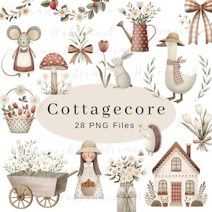 Watercolor Cottagecore Clipart Cute Spring Rustic Farm Vintage PNG Digital Download Commercial Use Animals Florals Nursery Kids Clipart