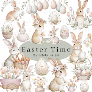 Easter Clipart Watercolor, Country Easter clipart, Easter Basket, Easter Bunny, Spring clipart Nursery Spring Clipart Spring Bunnies Clipart