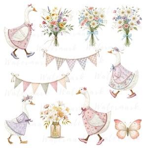 May include: A set of digital illustrations featuring watercolor-style images of geese wearing dresses, floral bouquets, and bunting flags. The geese are white with pink, purple, and blue dresses. The flowers are in shades of pink, white, and yellow. The bunting flags are pink, white, and gray.