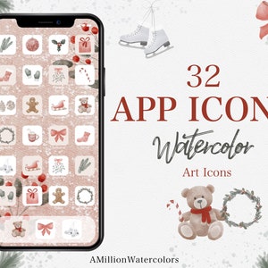 May include: 32 Watercolor App Icons featuring a variety of winter and holiday themes, including a gingerbread man, a wreath, a teddy bear, a candy cane, and a pair of ice skates. The icons are displayed on a phone screen with a pink background.