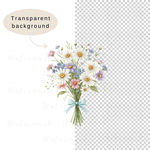 May include: A watercolor illustration of a bouquet of white daisies with pink and purple wildflowers tied with a blue ribbon.