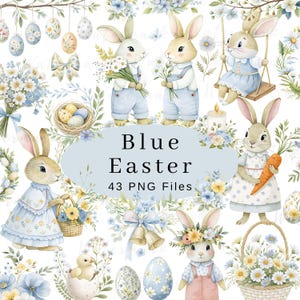 Paquete de imágenes prediseñadas de Pascua azul, imágenes prediseñadas de acuarela de Pascua campestre, imágenes prediseñadas de conejito de Pascua, imágenes prediseñadas de primavera, imágenes prediseñadas de guardería, conejitos, baby shower floral