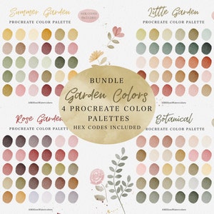 Pode incluir: Quatro paletas de cores Procreate para arte digital, inspiradas na natureza. As paletas são chamadas de Jardim de Verão, Jardim Pequeno, Jardim de Rosas e Botânico. Cada paleta apresenta 25 amostras de cores em estilo aquarela.