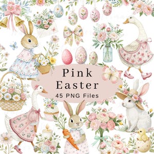 Clipart de Pascua rosa PNG Lindo clip art de Pascua campestre en acuarela Cesta de Pascua Gráficos de conejito de Pascua Clipart de primavera Conejitos de cabaña de guardería Clipart