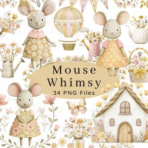Aquarelle de souris de cliparts, lot de cliparts pour chambre d'enfant, fichiers PNG numériques, décoration pour chambre de bébé, graphismes animaux mignons, baby shower, art de la chambre d'enfant