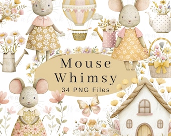 Mouse Clipart Watercolor, Nursery Clipart Bundle, Digital PNG Files, Baby Room Decor, Cute Animal Graphics, Baby Shower, Nursery Art