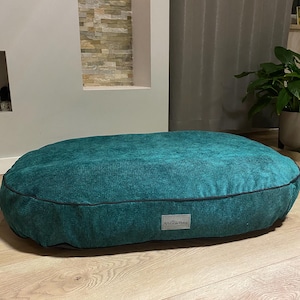 May include: A teal oval-shaped dog bed with a black trim and a "Sleep Dog" logo.