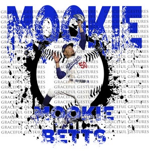 May include: A blue and white baseball graphic with the text "Mookie Betts" in blue. The graphic features a baseball player in a blue and white uniform with the word "Dodgers" on the front. The graphic is surrounded by black paint splatters.