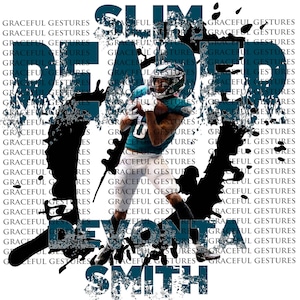 May include: A black and white graphic design with the text "SLIM READ" and "DEVONTA SMITH" in a bold, stylized font. The graphic design is overlaid on a photo of a football player wearing a teal jersey and holding a football.